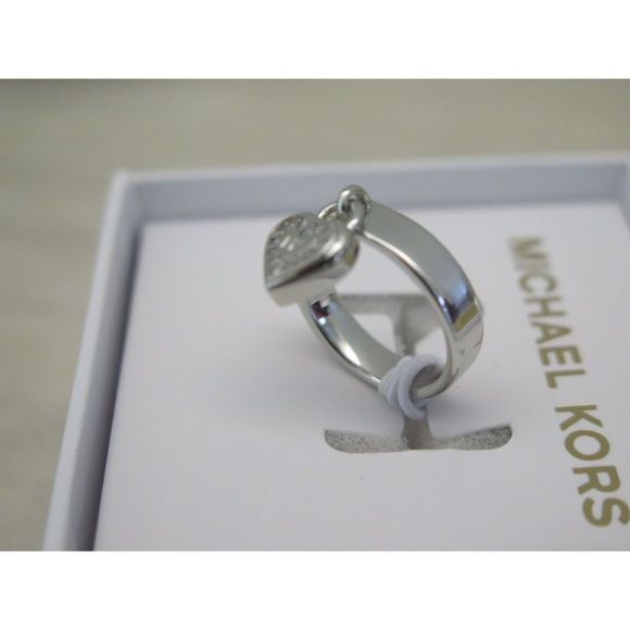 Michael Kors MKJX78890406 Sz 6 Silver-Tone "MK" Dangle Heart & Pave Stone Ring - Picture 10 of 14